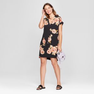 Women's Floral Print Short Sleeve Crepe Dress - A New Day™ Black